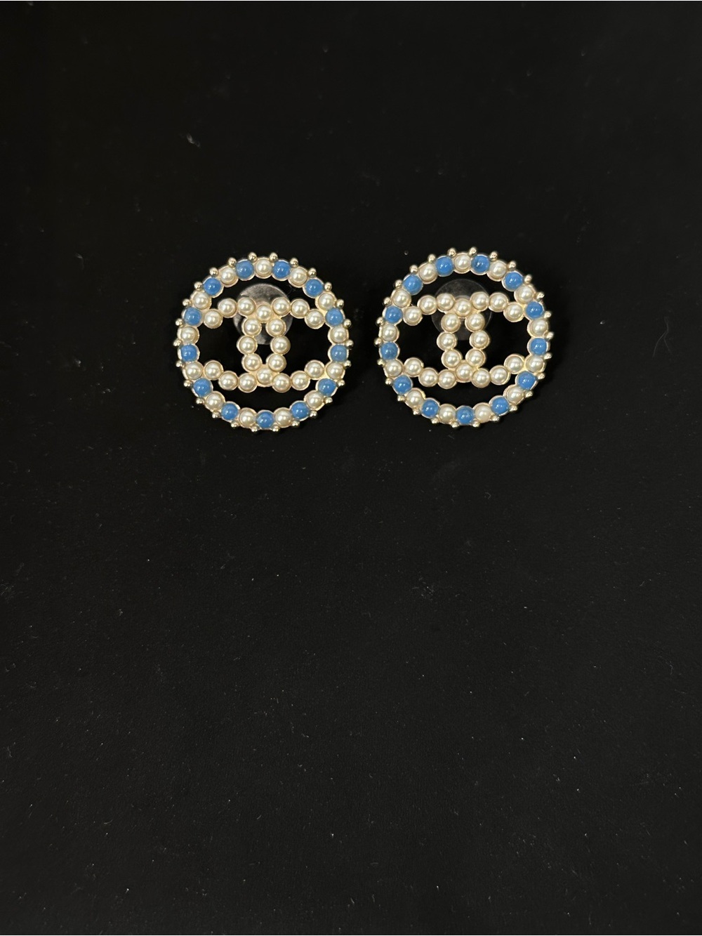 CHANEL Pearl and Light Blue Crystal Double C Circle Earrings